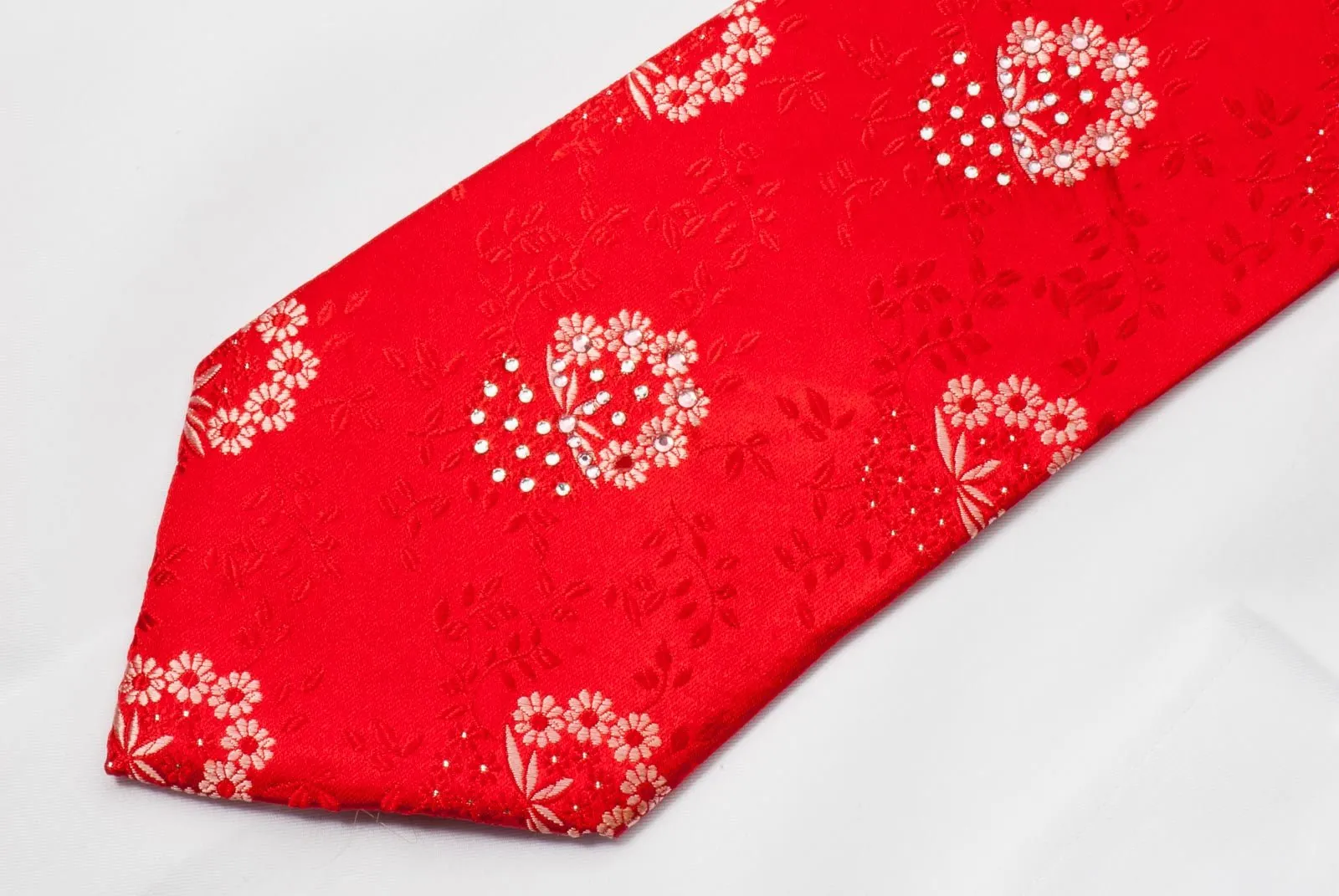 Elegance Men's Red Rhinestone Silk Neck Tie Floral Design On Red With Silver Sparkles