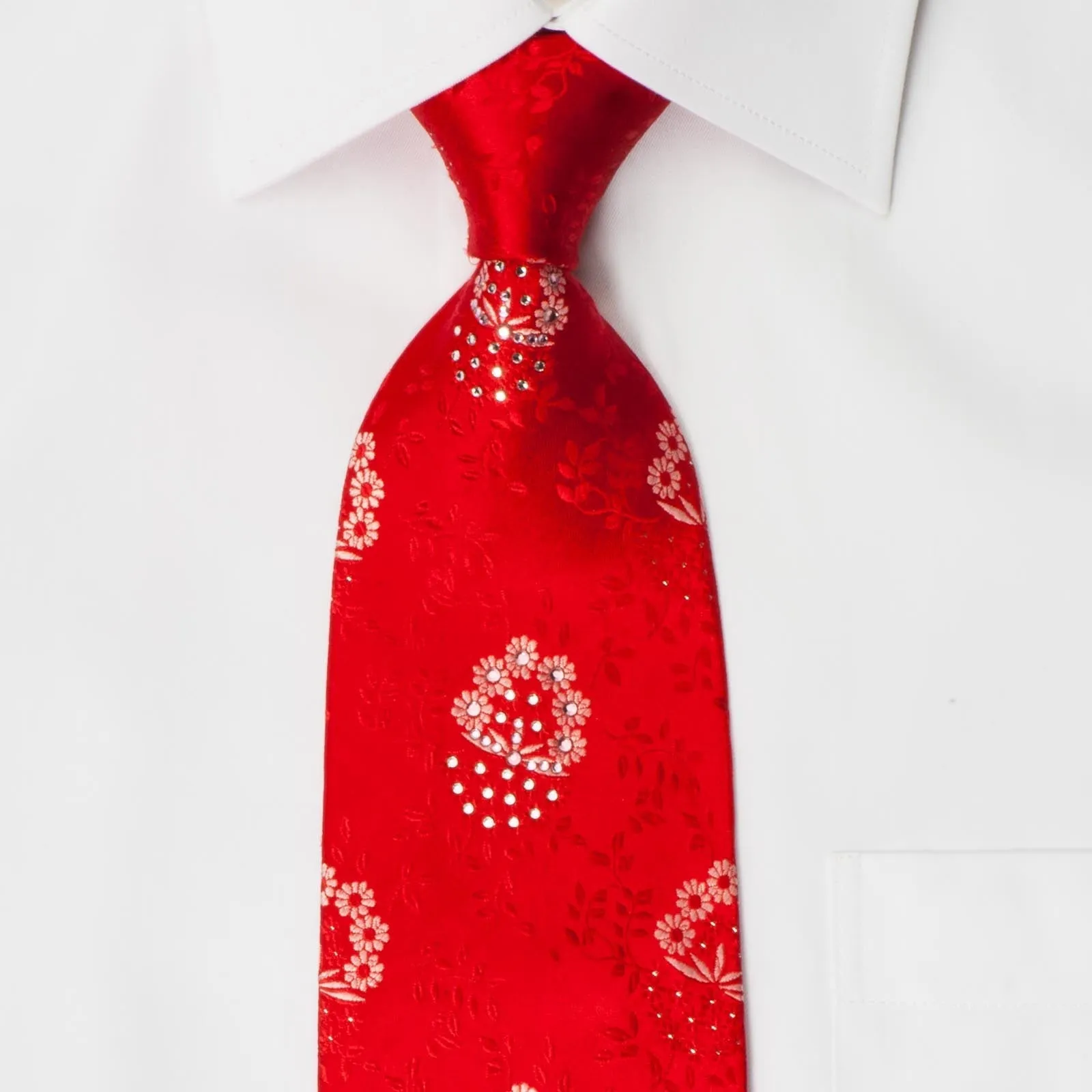 Elegance Men's Red Rhinestone Silk Neck Tie Floral Design On Red With Silver Sparkles