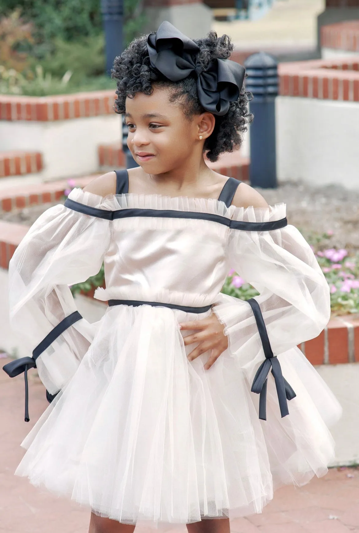 Elegant Off-Shoulder Tulle Dress with Black Ribbon Accents