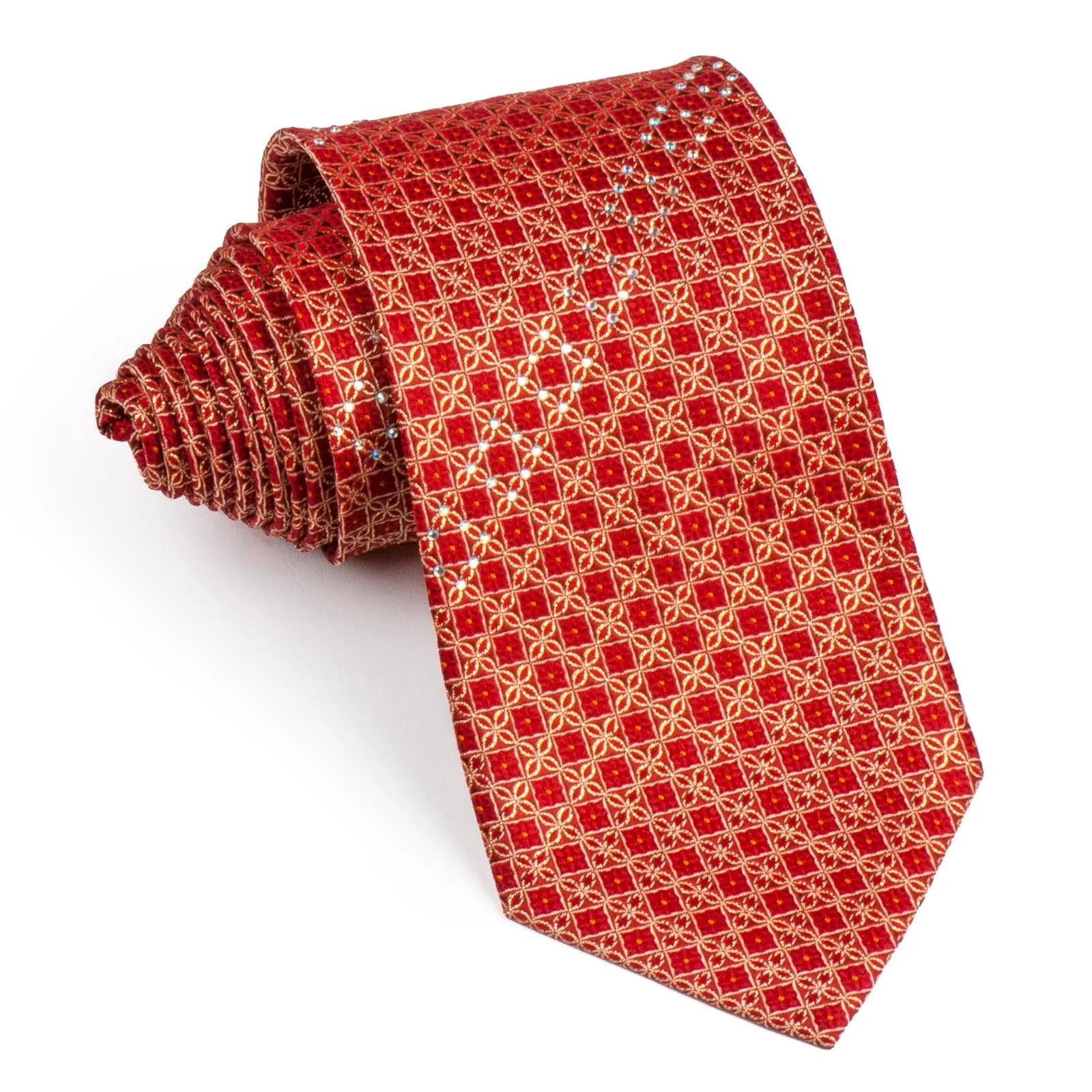 Elégance Silk Neck Tie Golden Geometric Design On Red With White Rhinestones