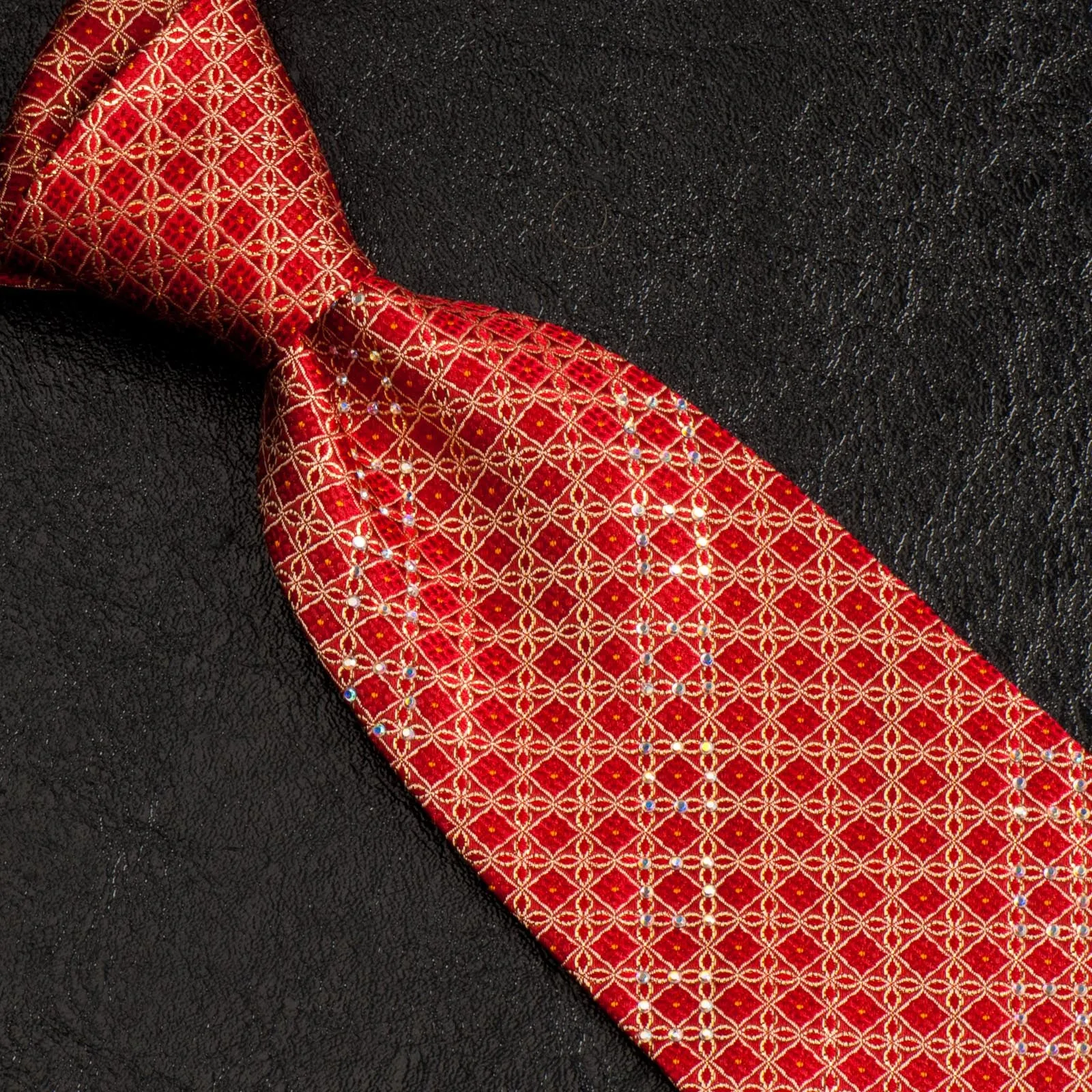 Elégance Silk Neck Tie Golden Geometric Design On Red With White Rhinestones