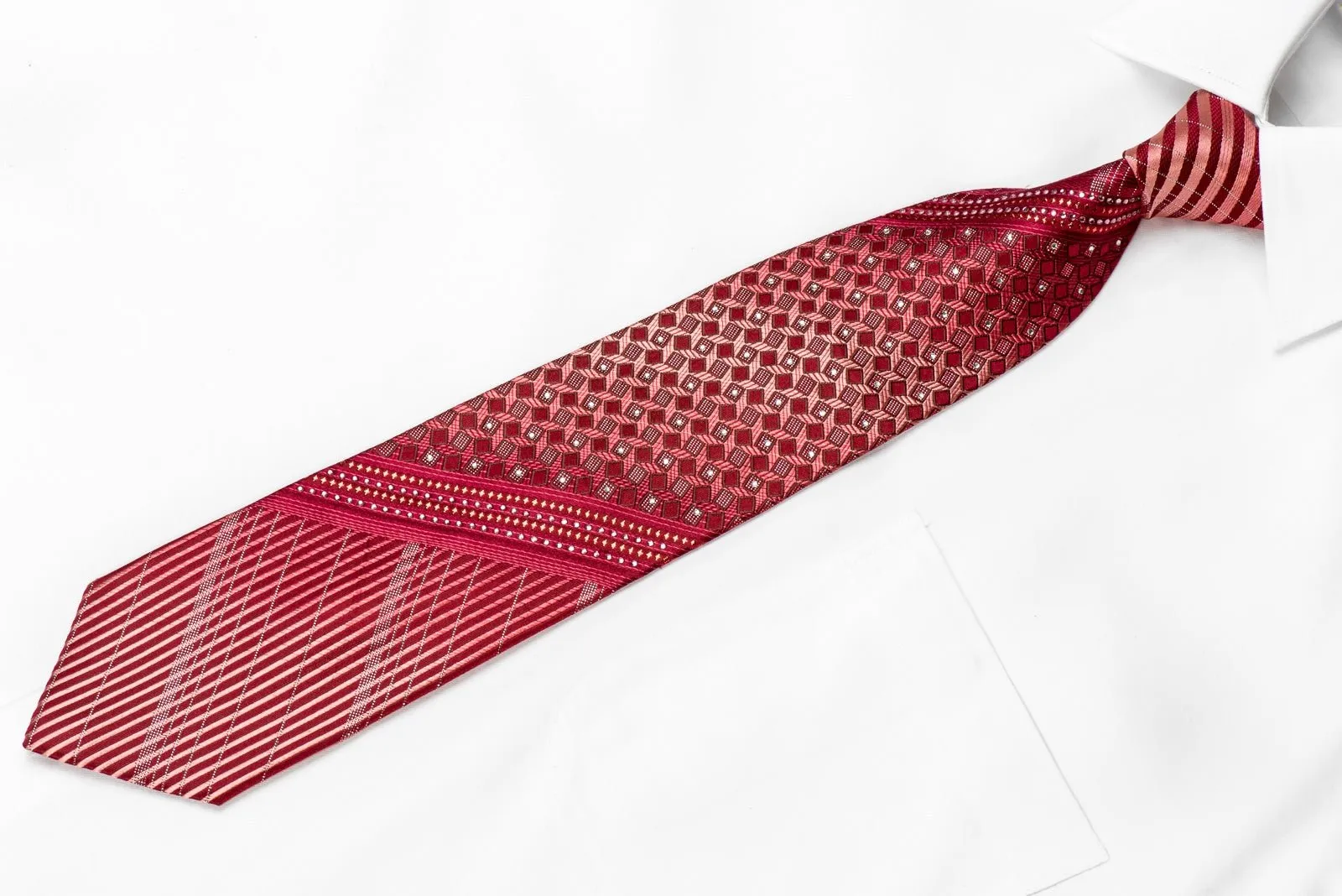 Elle Homme Men's Crystal Silk Necktie Geometric & Striped On Red With Sparkles