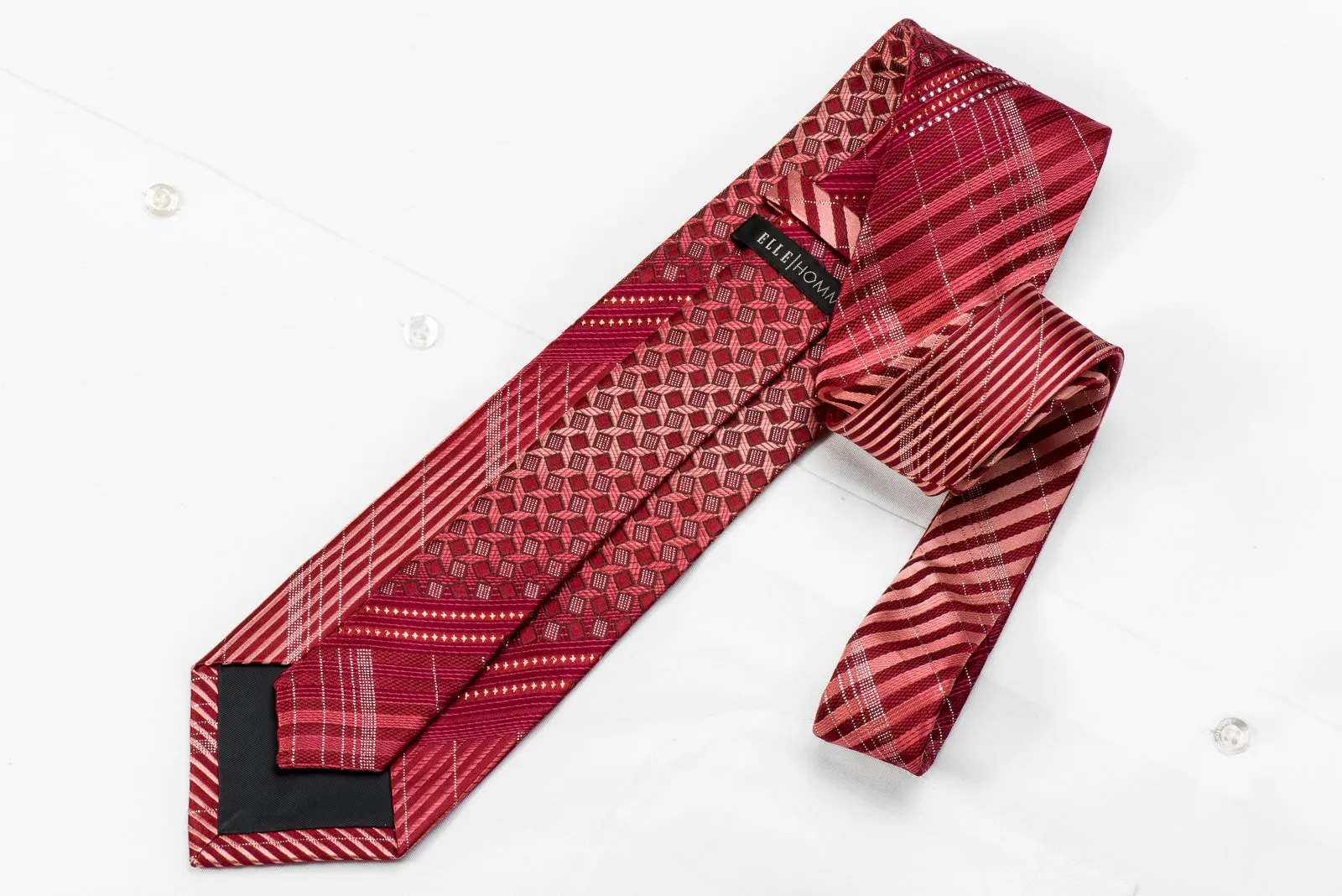 Elle Homme Men's Crystal Silk Necktie Geometric & Striped On Red With Sparkles