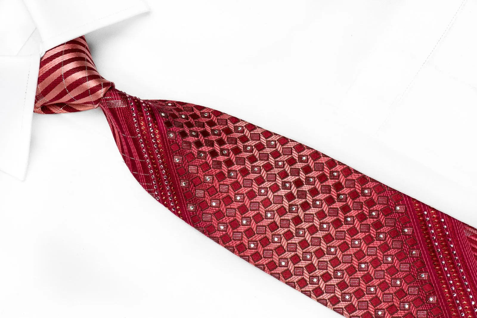 Elle Homme Men's Crystal Silk Necktie Geometric & Striped On Red With Sparkles