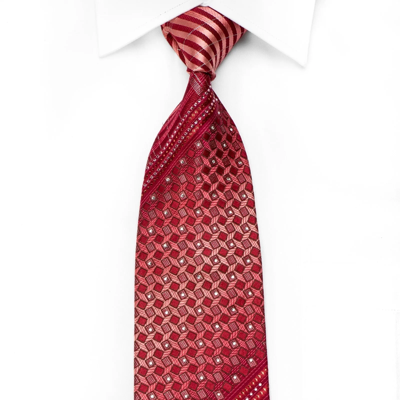 Elle Homme Men's Crystal Silk Necktie Geometric & Striped On Red With Sparkles