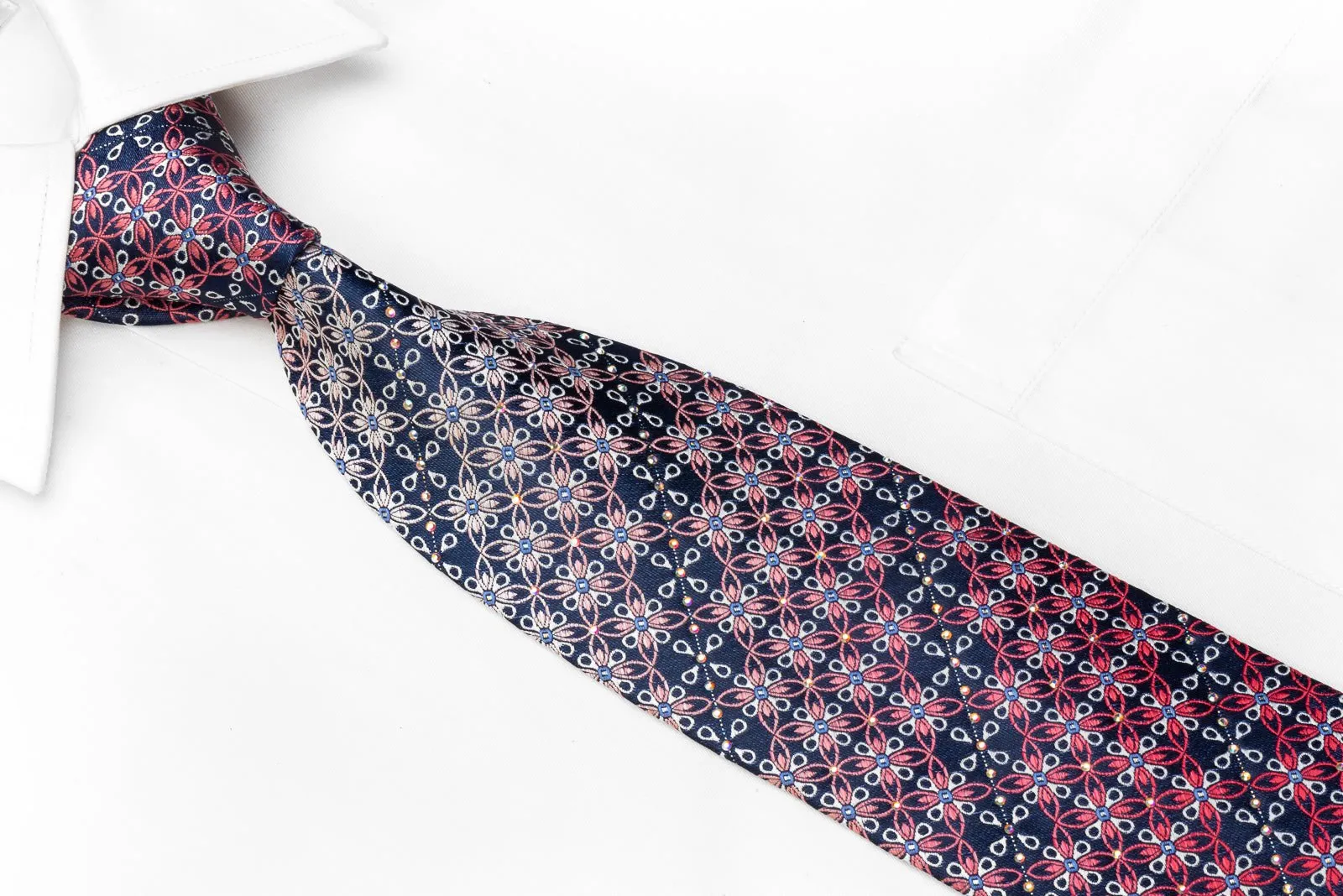 Elle Homme Men's Rhinestone Silk Necktie Silver Pink Geometric On Navy With Sparkles