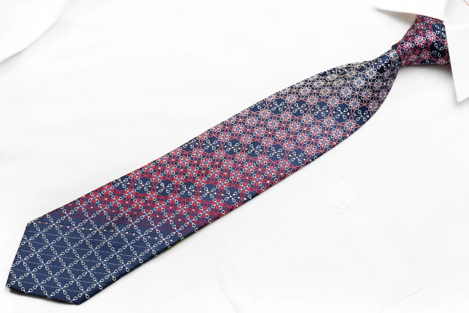 Elle Homme Men's Rhinestone Silk Necktie Silver Pink Geometric On Navy With Sparkles