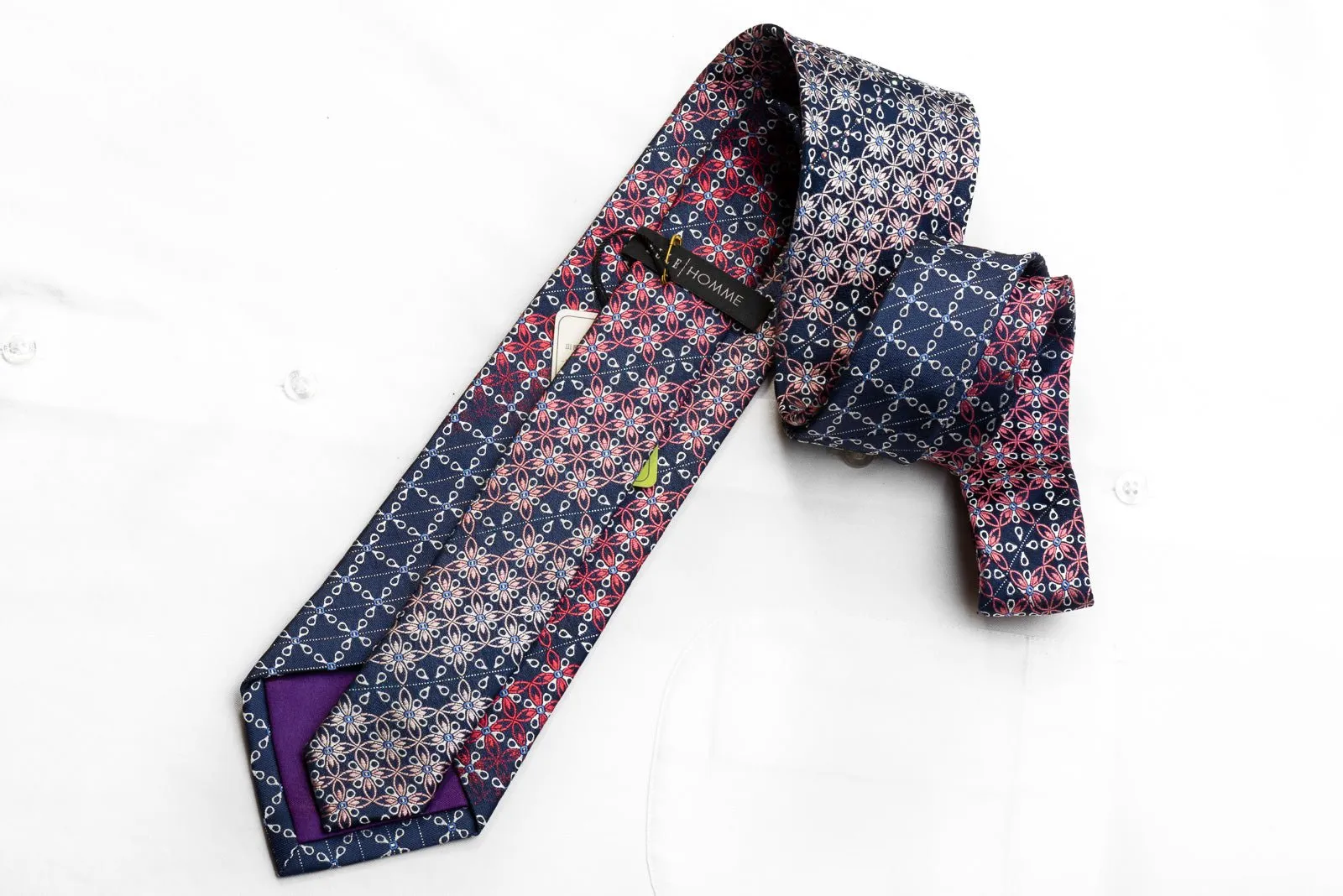 Elle Homme Men's Rhinestone Silk Necktie Silver Pink Geometric On Navy With Sparkles