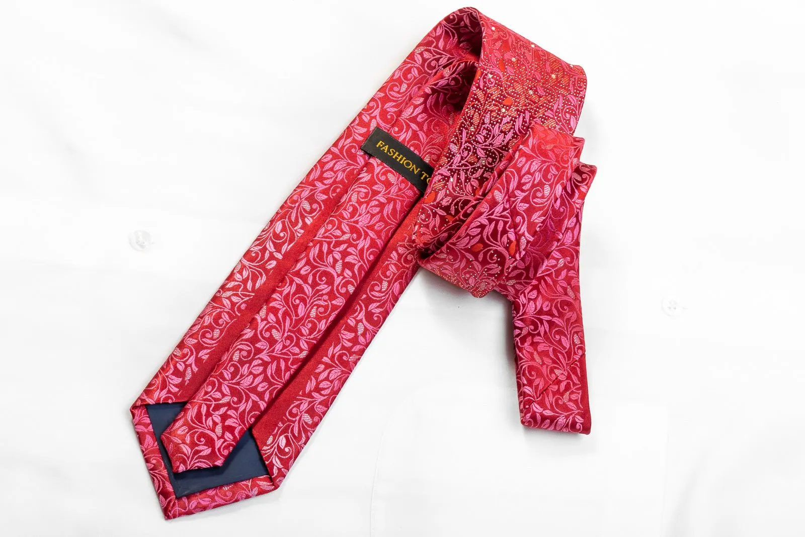 Fashion Top Men's Rhinestone Tie Floral On Red With Silver Sparkles