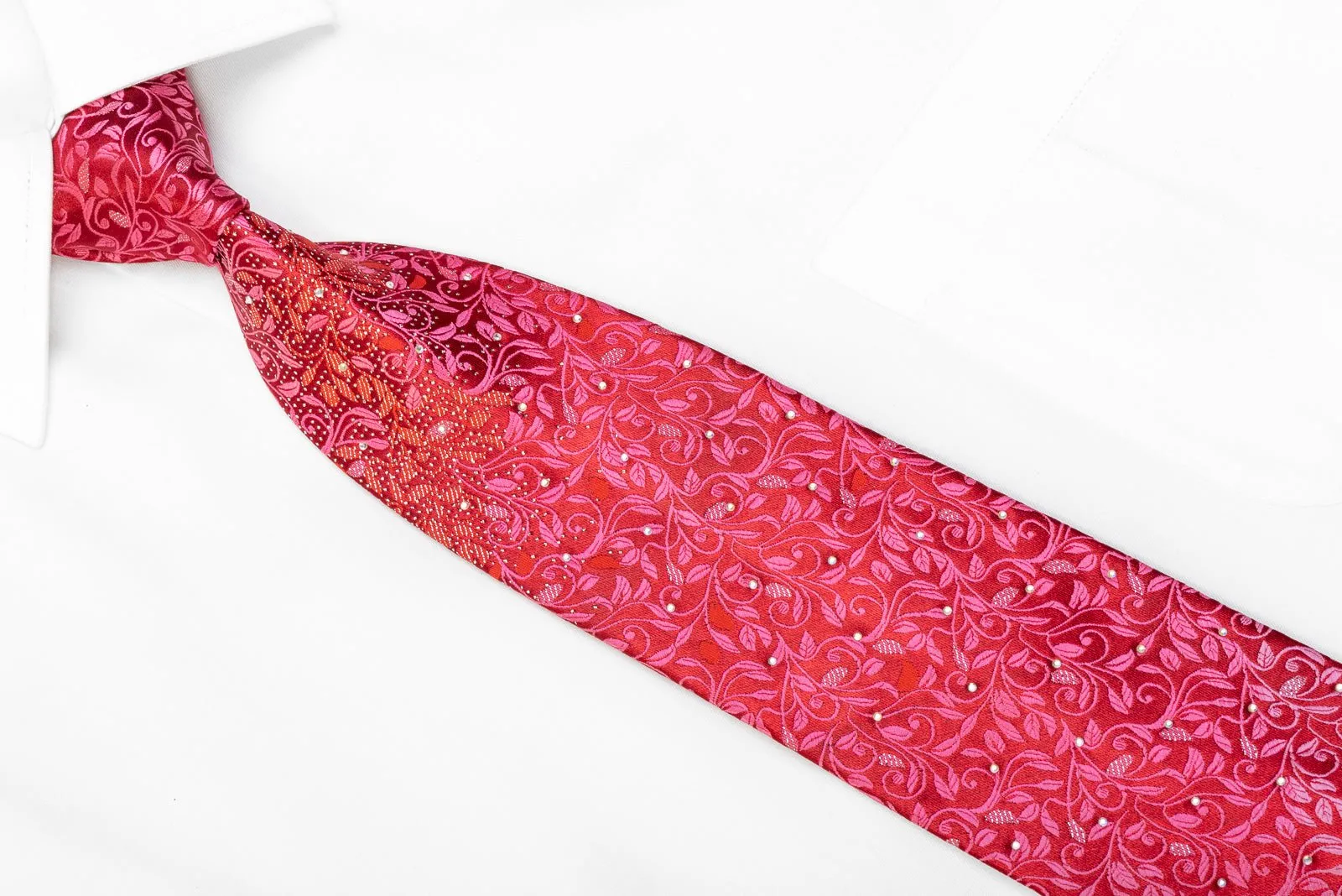 Fashion Top Men's Rhinestone Tie Floral On Red With Silver Sparkles