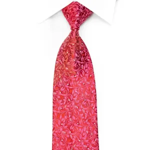 Fashion Top Men's Rhinestone Tie Floral On Red With Silver Sparkles