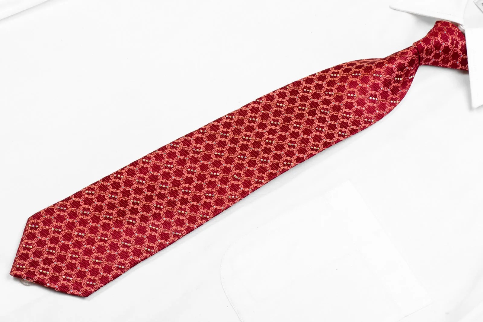 Geometric Trellis On Red Rhinestone Necktie With Blue Sparkles