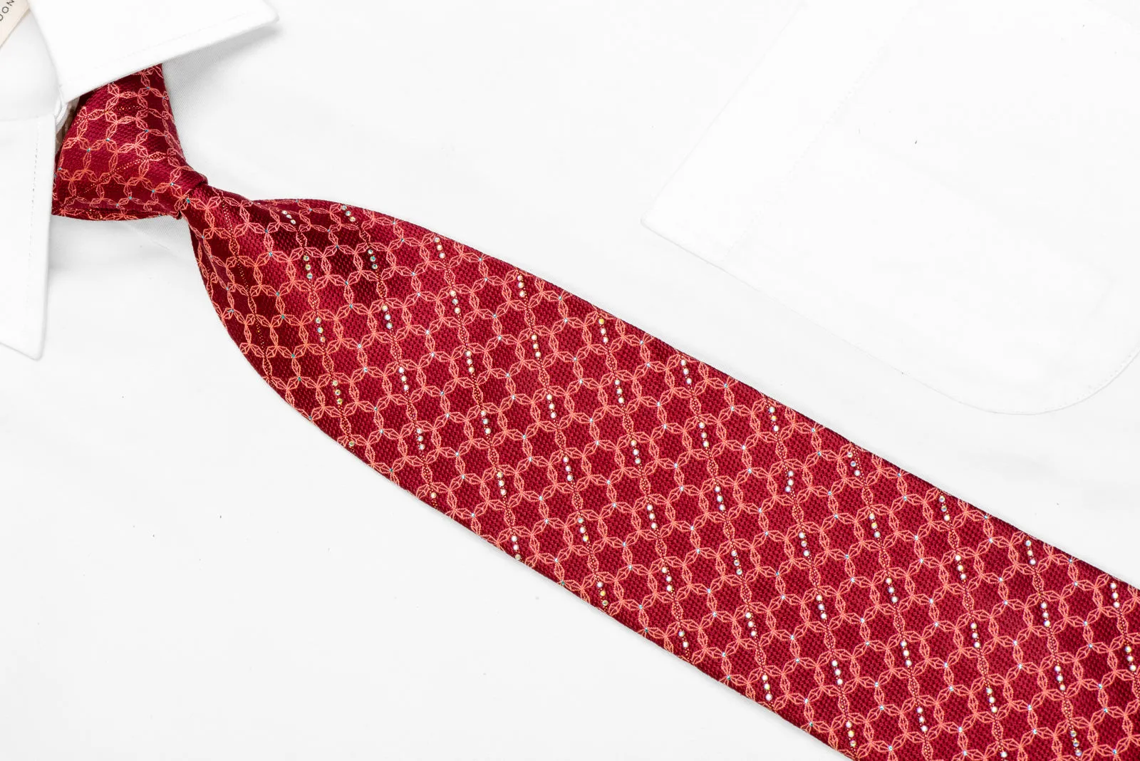 Geometric Trellis On Red Rhinestone Necktie With Blue Sparkles