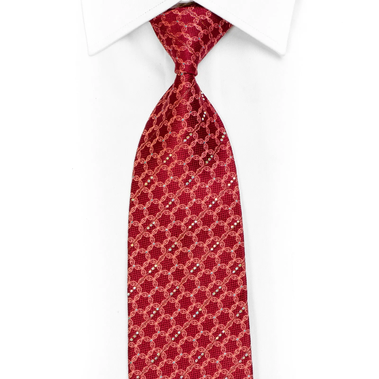 Geometric Trellis On Red Rhinestone Necktie With Blue Sparkles