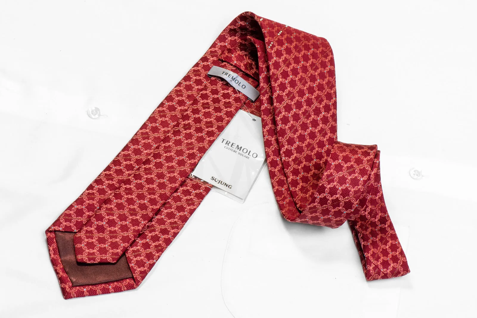 Geometric Trellis On Red Rhinestone Necktie With Blue Sparkles