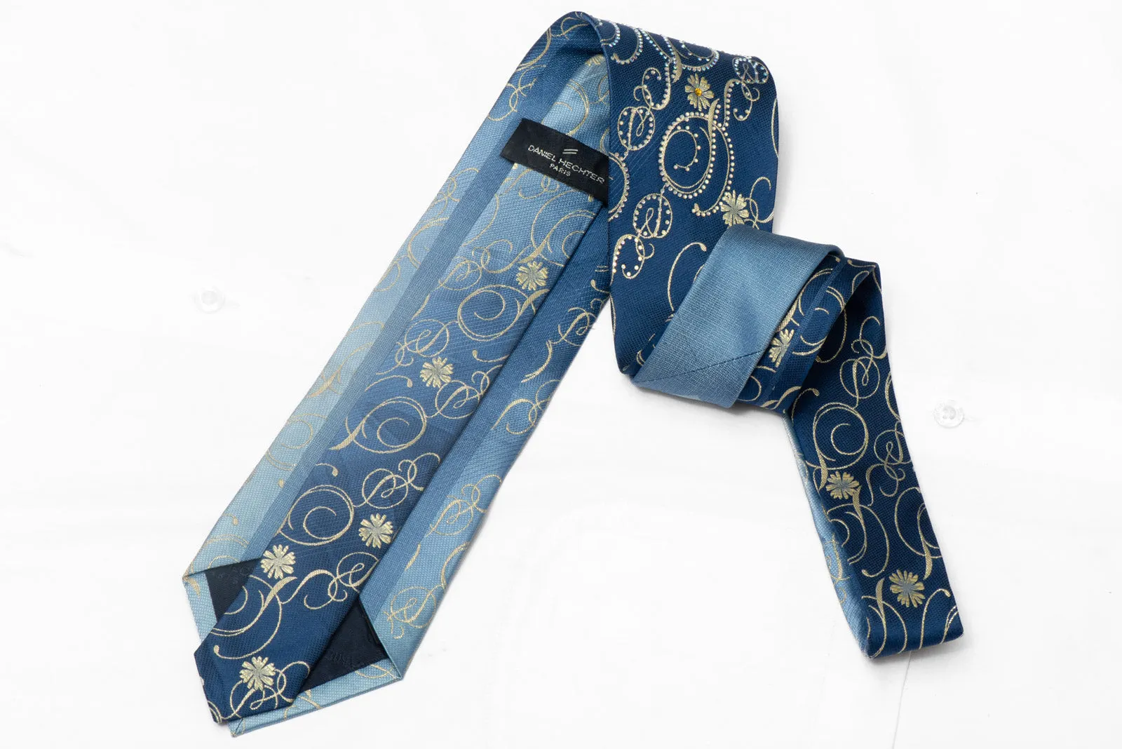 Gold Floral Scrolls On Blue Rhinestone Silk Necktie With Gold Sparkles