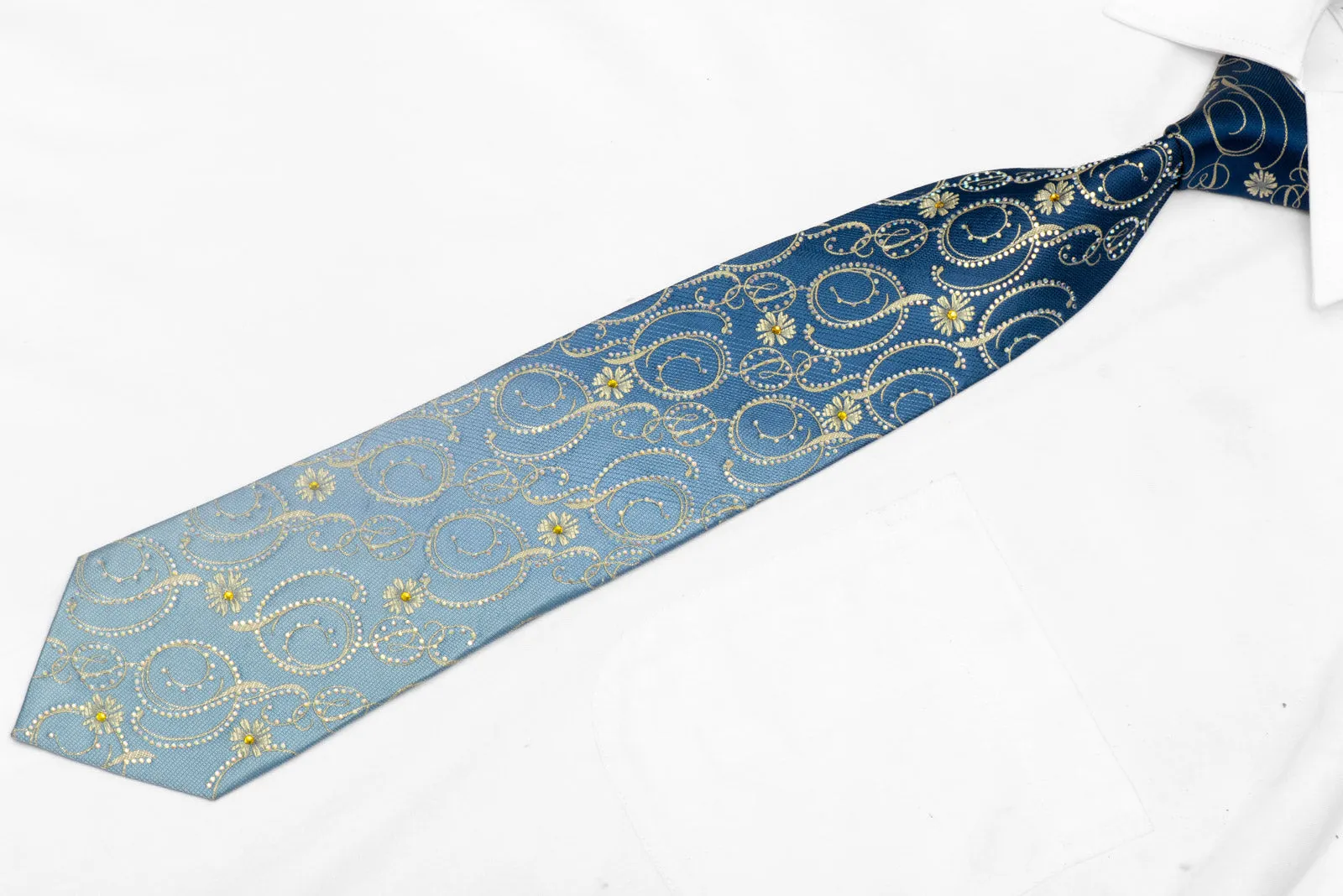 Gold Floral Scrolls On Blue Rhinestone Silk Necktie With Gold Sparkles