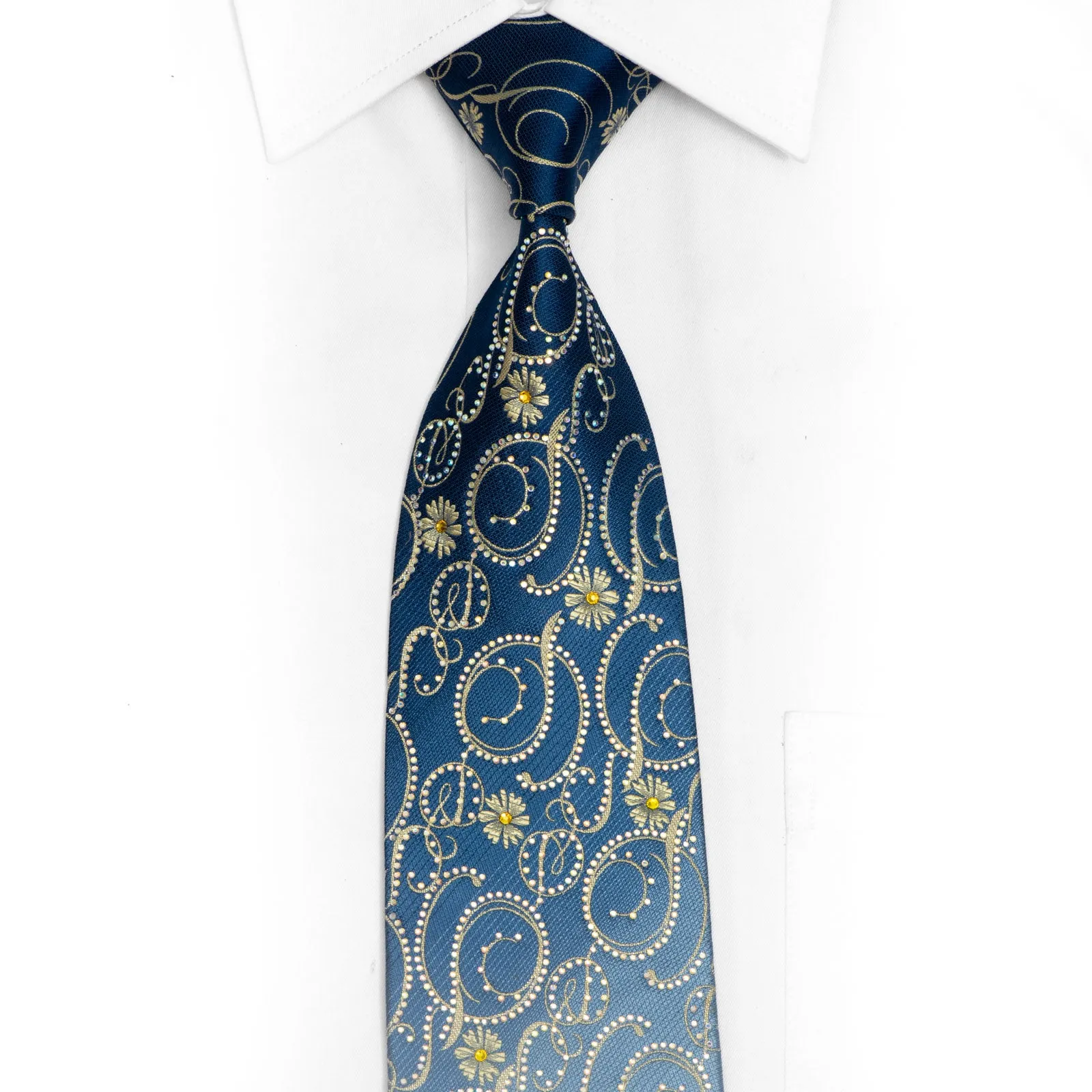 Gold Floral Scrolls On Blue Rhinestone Silk Necktie With Gold Sparkles