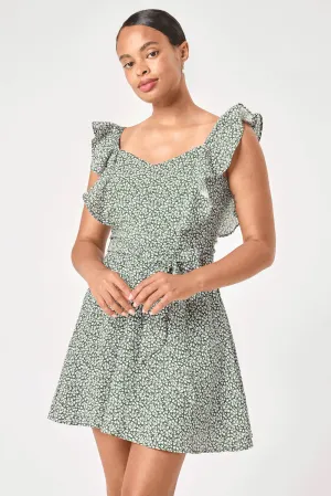 Green Floral Ruffle Sleeve Tie Waist Dress