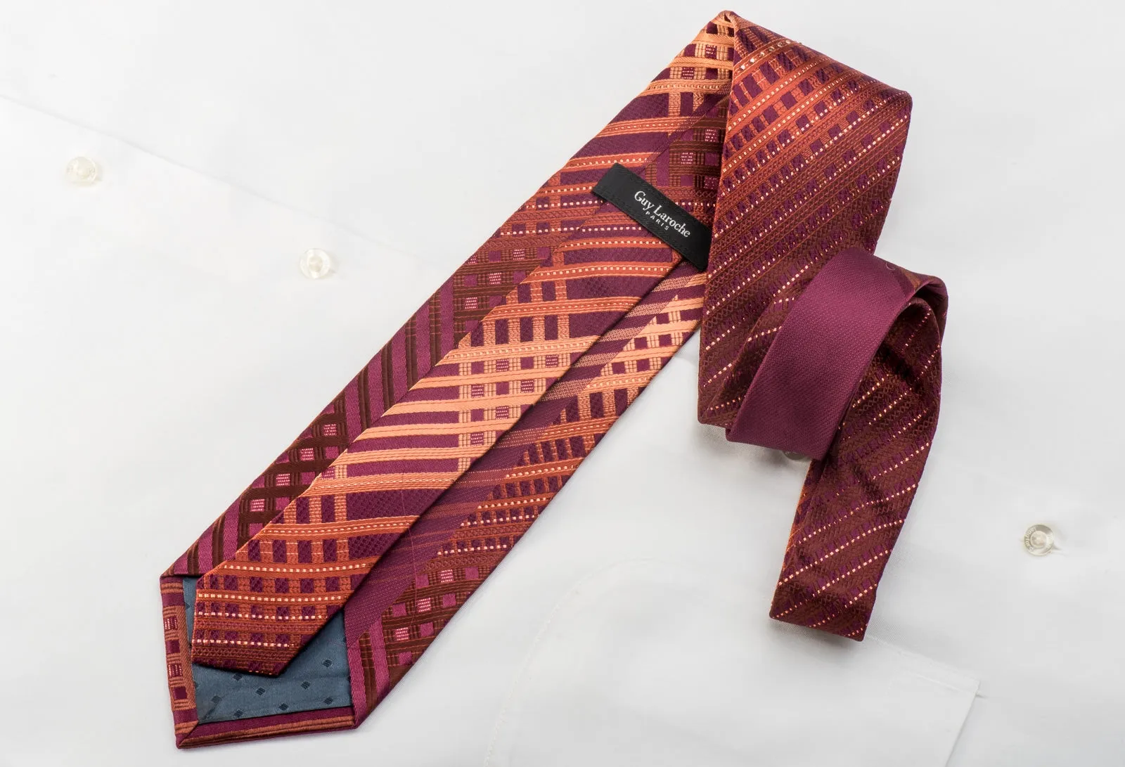 Guy Laroche Men's Crystal Rhinestone Necktie Orange Striped On Burgundy With Sparkles