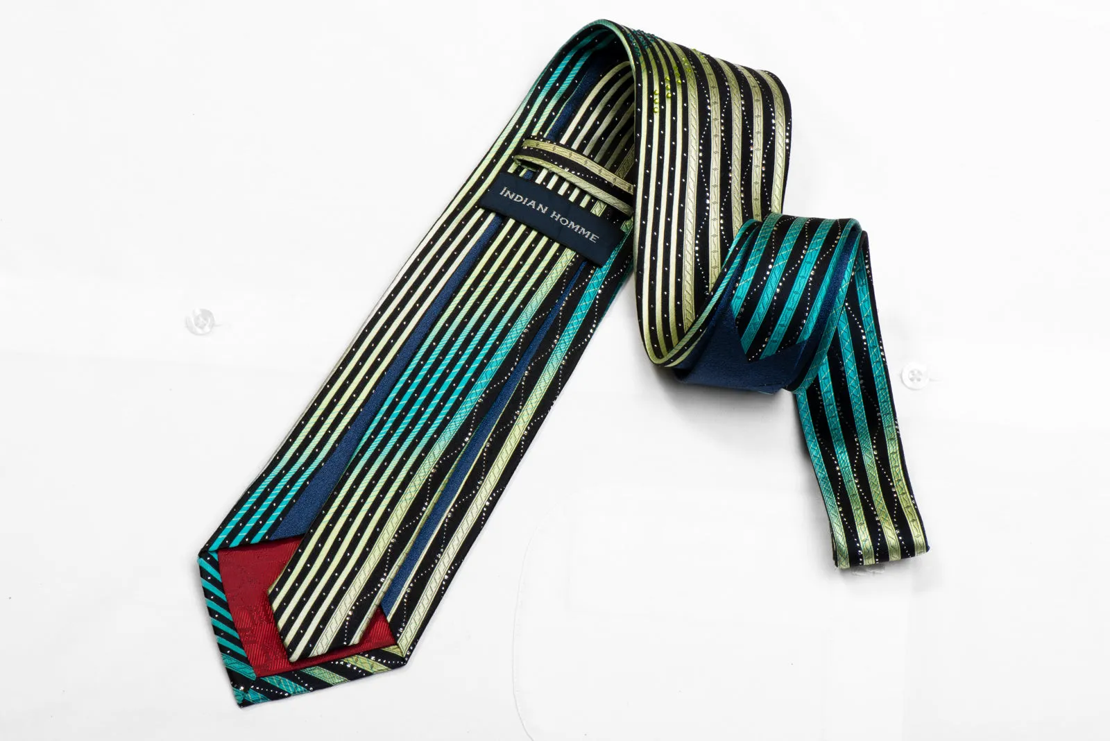 Indian Homme Silk Necktie Green Vertical Striped On Black With Sparkles