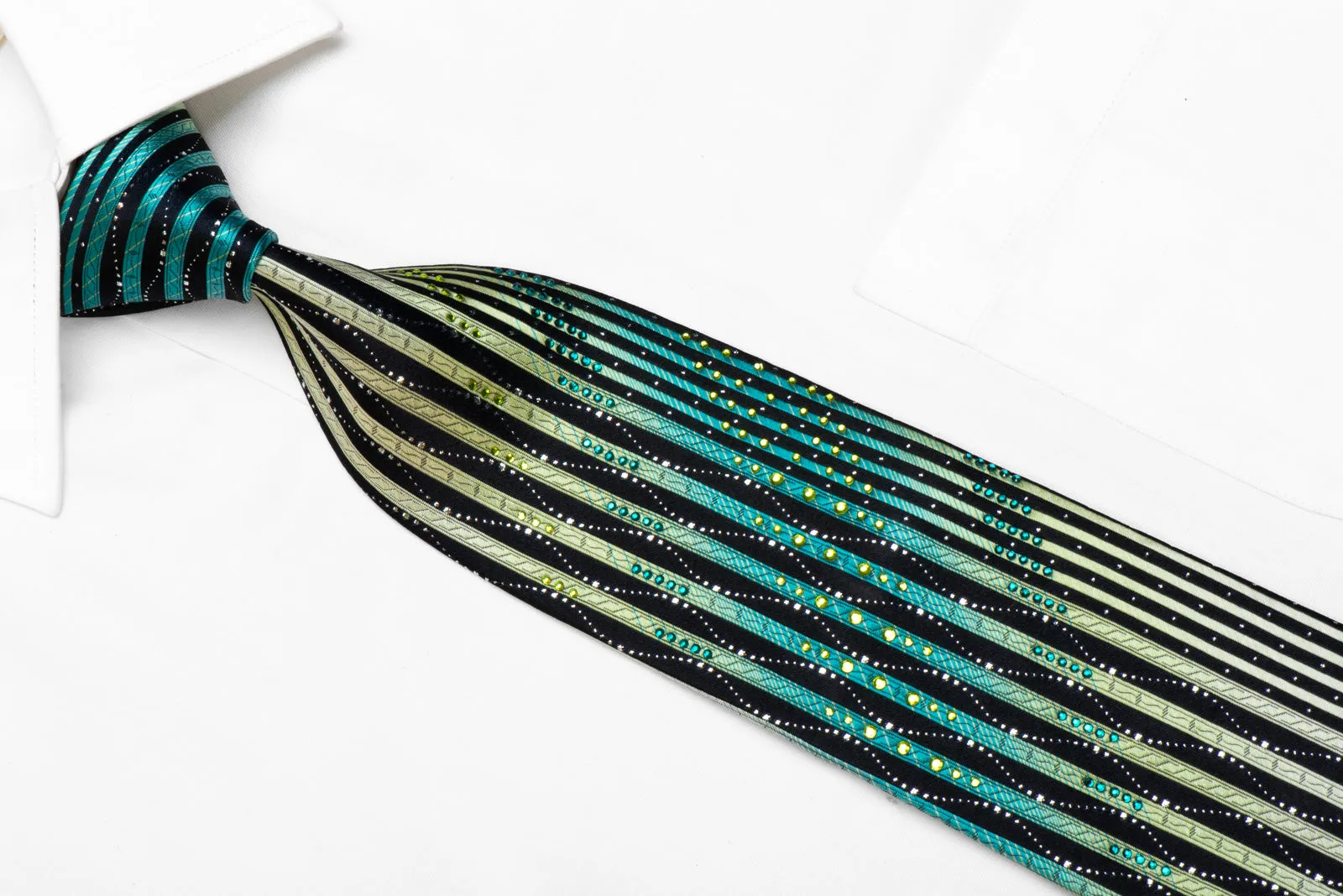 Indian Homme Silk Necktie Green Vertical Striped On Black With Sparkles