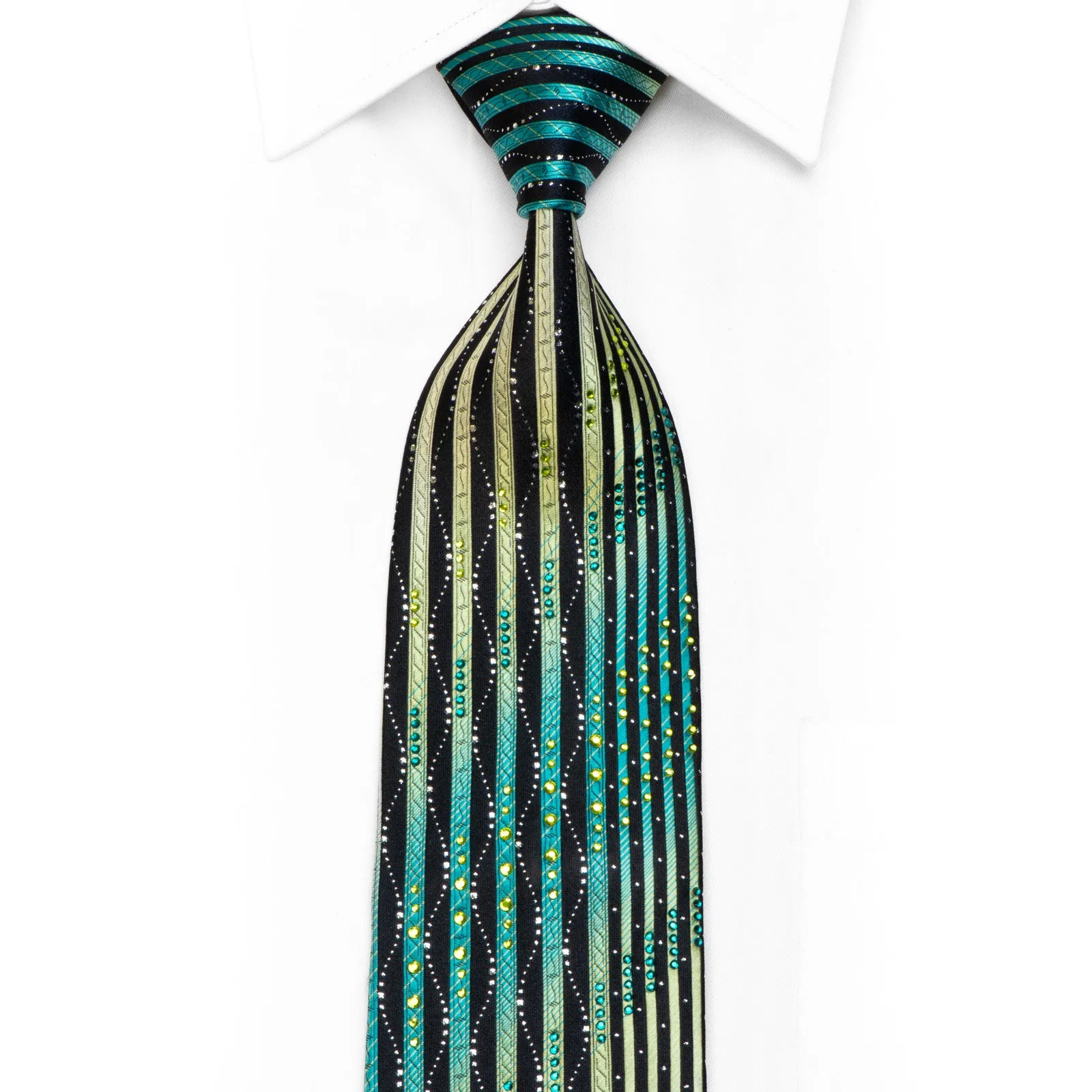 Indian Homme Silk Necktie Green Vertical Striped On Black With Sparkles