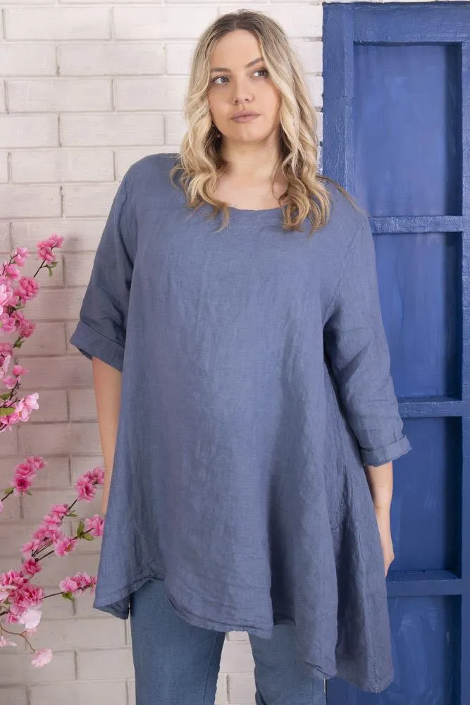 Italian Linen Button Hem Pocket Oversized Top