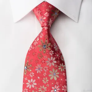 Lancetti Silk Necktie Floral On Red Sparkling With Rhinestones