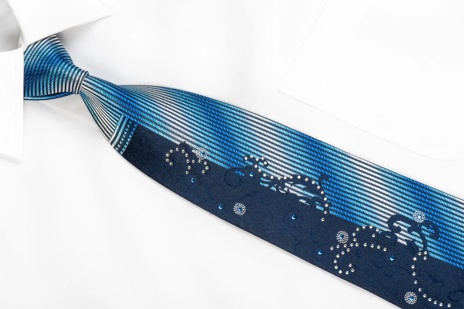 Liberino Men's Rhinestone Necktie Floral Scrolls On Blue