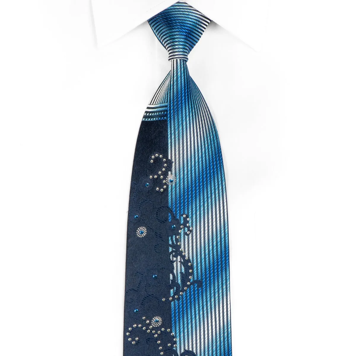 Liberino Men's Rhinestone Necktie Floral Scrolls On Blue