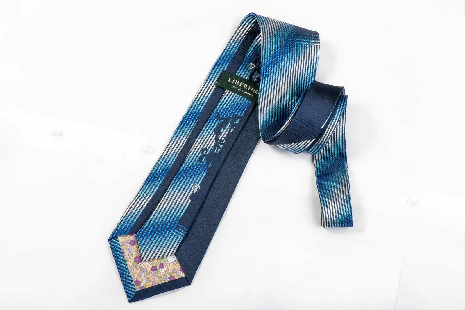 Liberino Men's Rhinestone Necktie Floral Scrolls On Blue