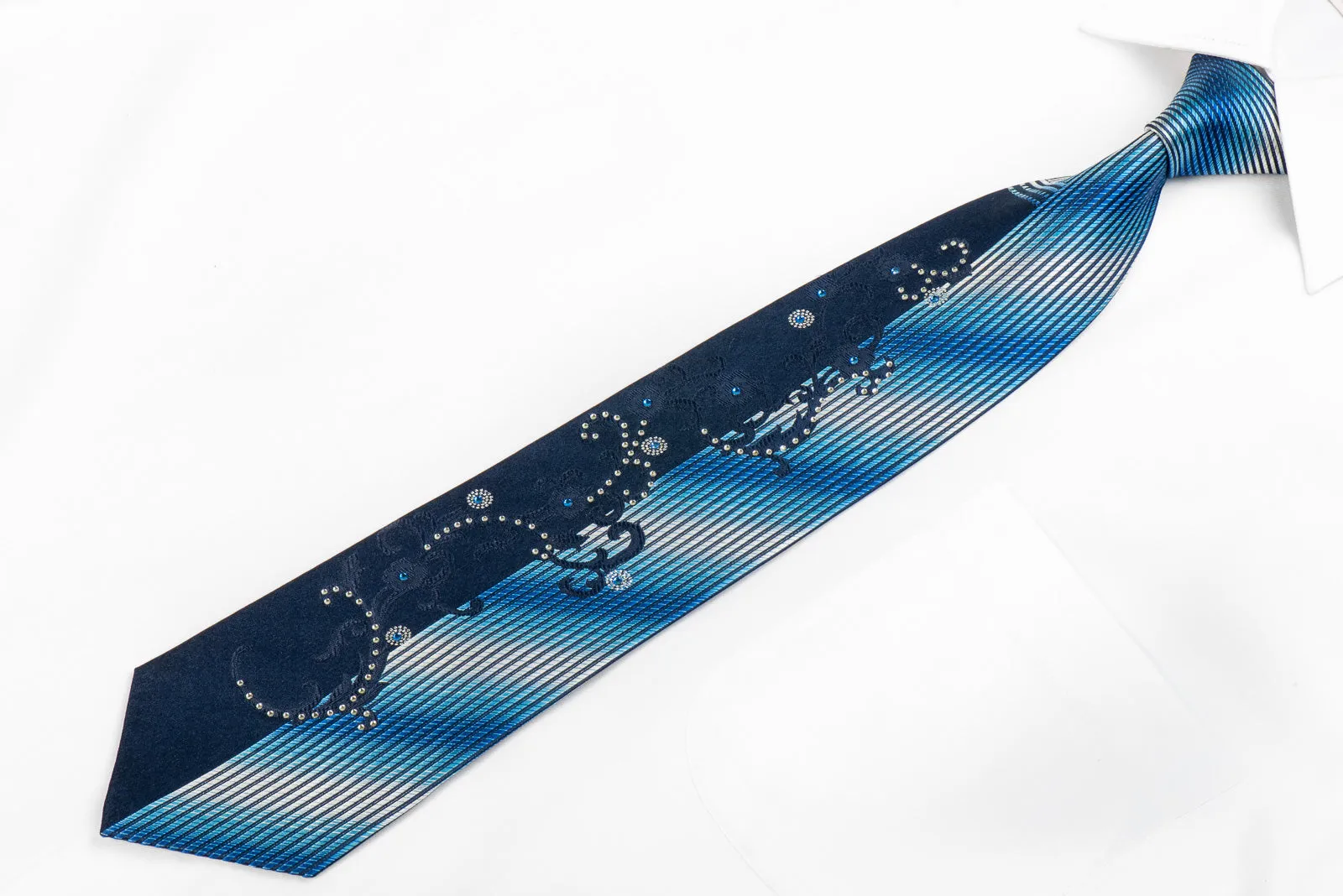 Liberino Men's Rhinestone Necktie Floral Scrolls On Blue