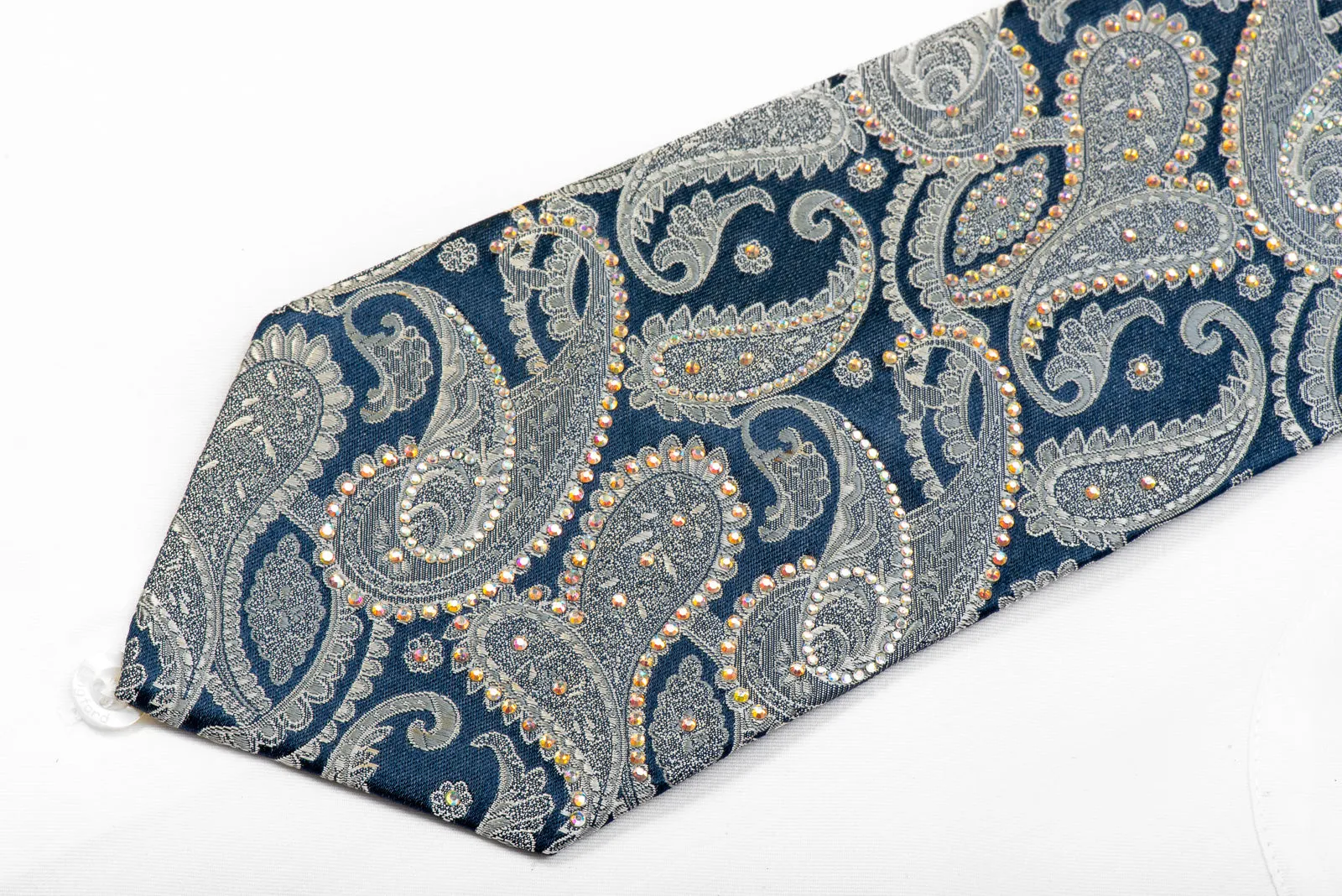 Louis-Quatorze-95 Men's Rhinestone Necktie Silver Paisley On Blue