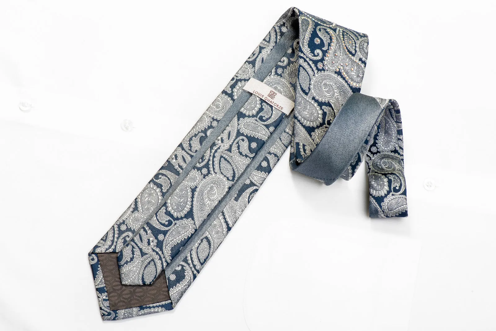 Louis-Quatorze-95 Men's Rhinestone Necktie Silver Paisley On Blue