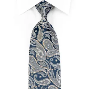 Louis-Quatorze-95 Men's Rhinestone Necktie Silver Paisley On Blue