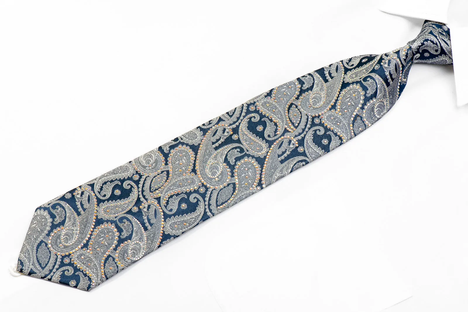 Louis-Quatorze-95 Men's Rhinestone Necktie Silver Paisley On Blue