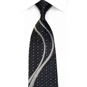 MCM Rhinestone Silk Necktie Silver Wave Geometric On Black