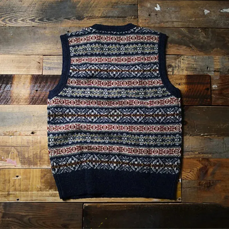 Vintage Mens Fair Isle Knitted V-Neck Sleeveless Sweater Vest