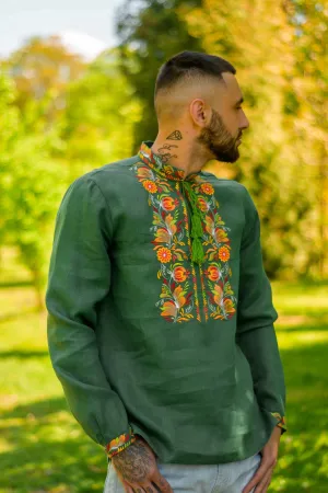 Men's linen embroidered shirt with long sleeves