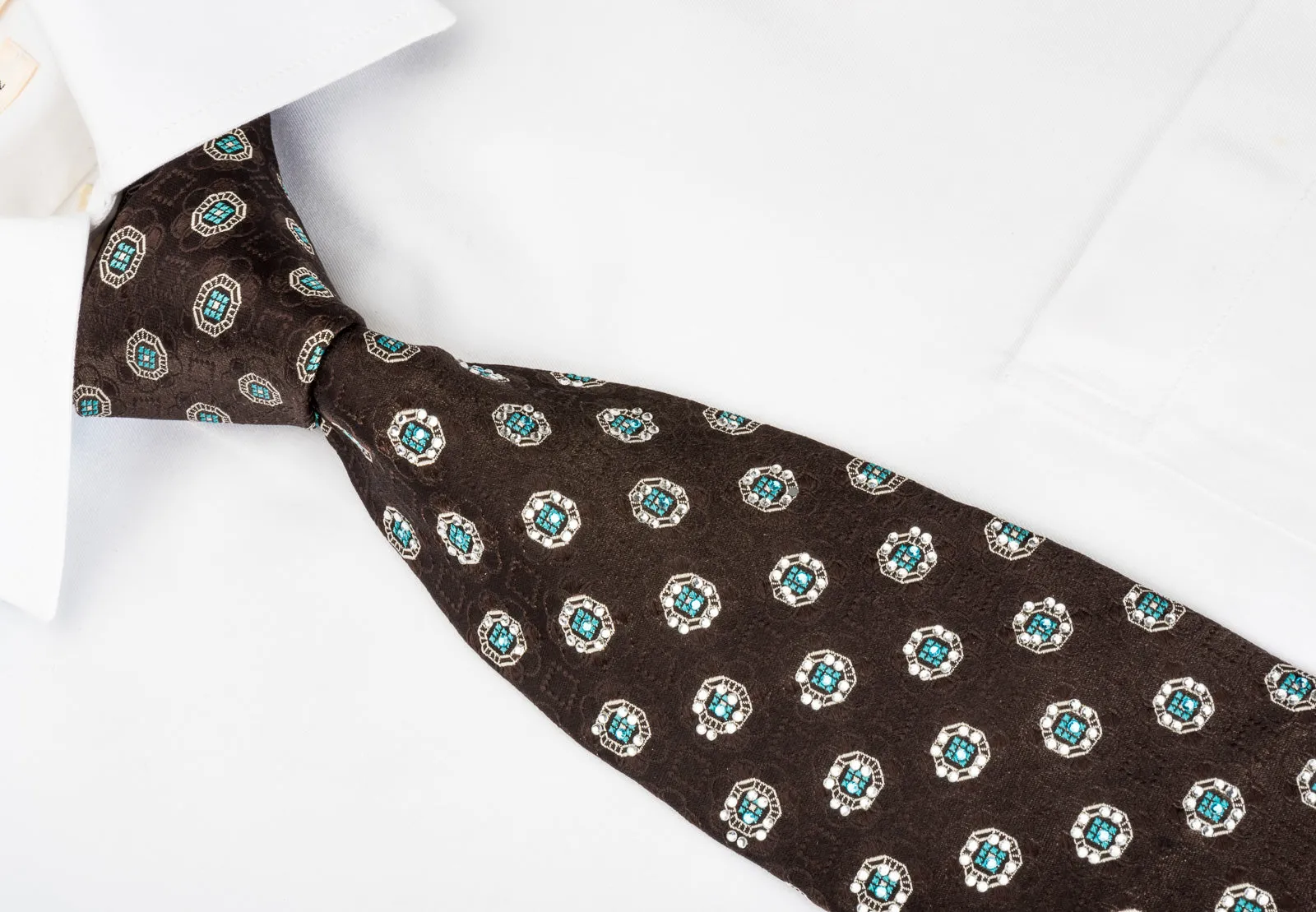 Men's Silk Necktie Silver Foulard On Dark Brown With Rhinestones