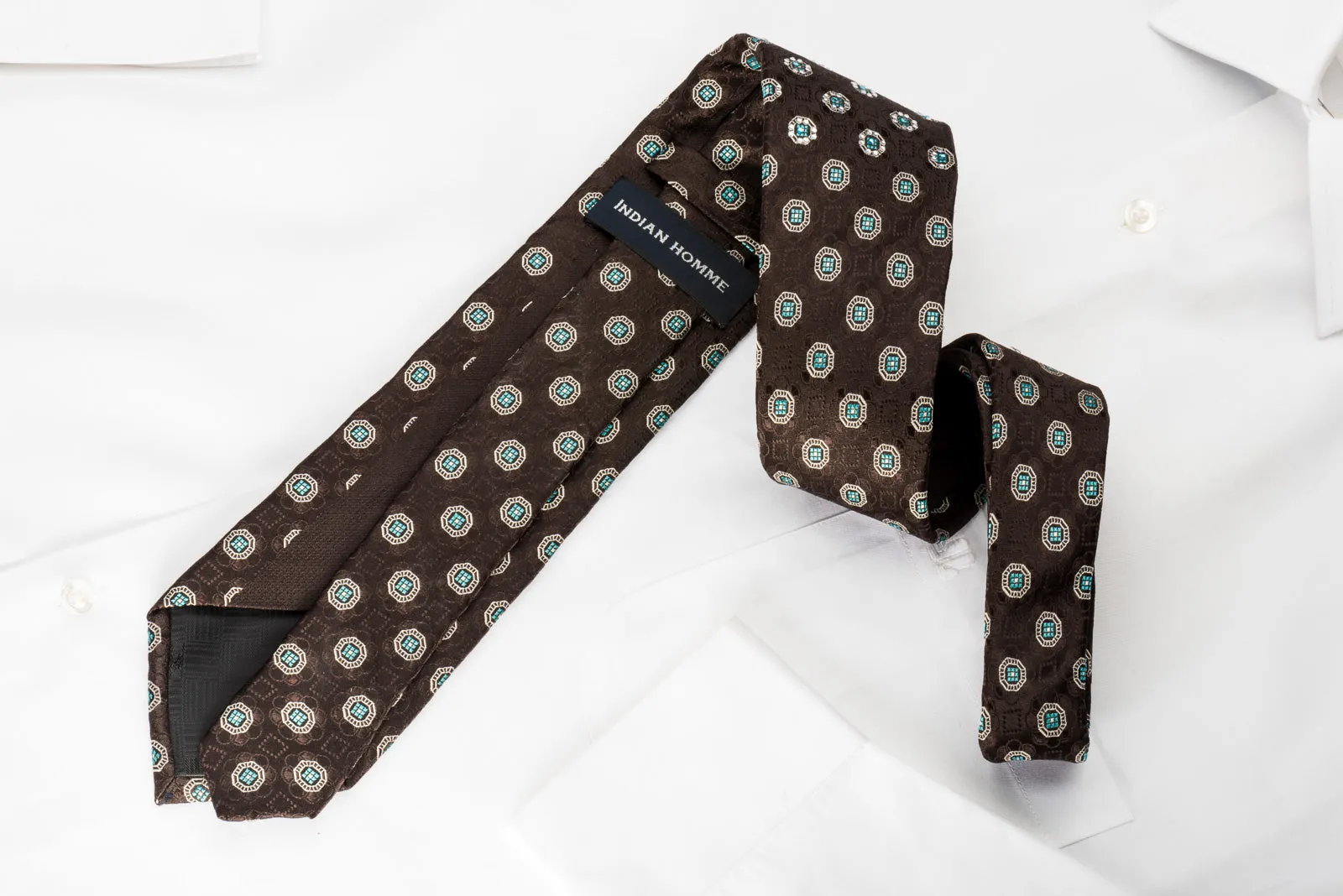 Men's Silk Necktie Silver Foulard On Dark Brown With Rhinestones