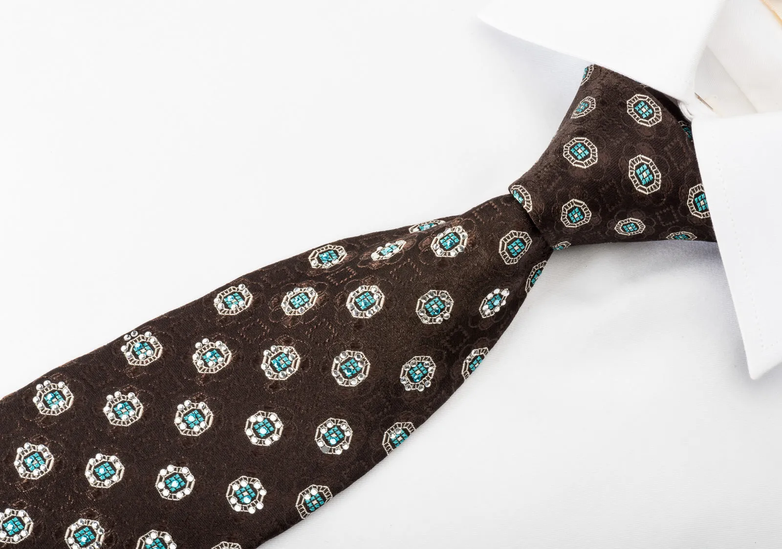 Men's Silk Necktie Silver Foulard On Dark Brown With Rhinestones