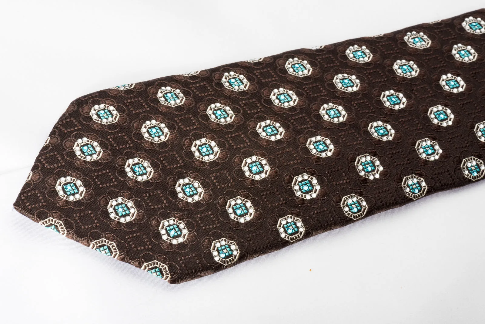 Men's Silk Necktie Silver Foulard On Dark Brown With Rhinestones