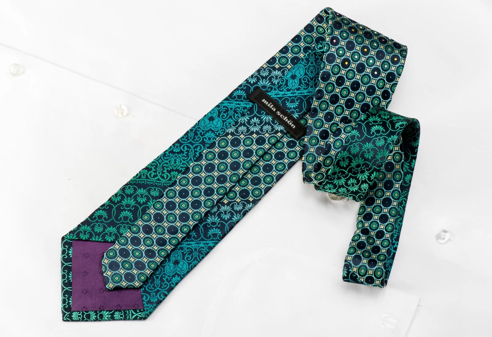 Mila Schon Men's Crystal Silk Tie Geometric Cartouche On Teal With Blue Sparkles