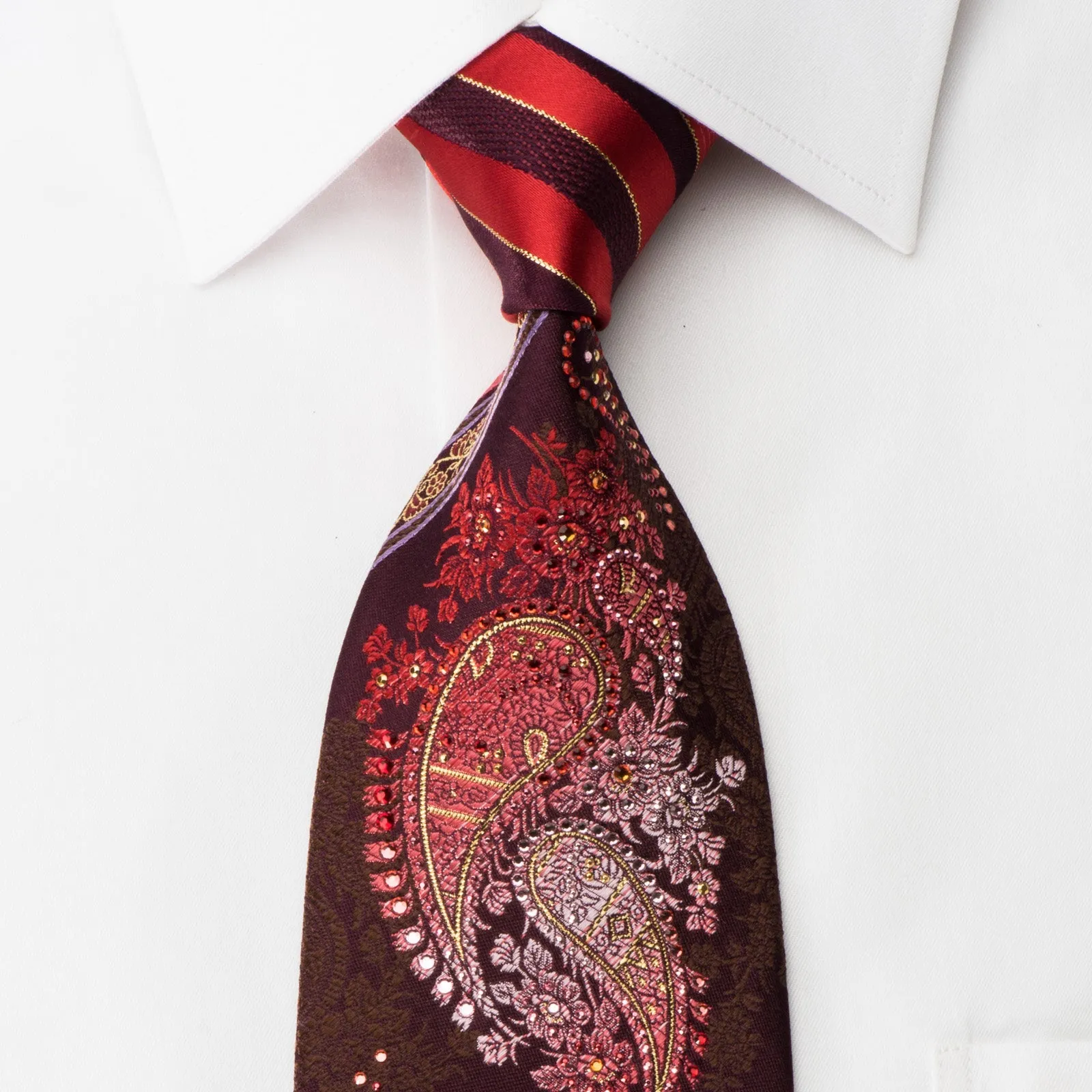 Mila Schon Rhinestone Silk Necktie Boteh Paisley On Burgundy With Gold Sparkles