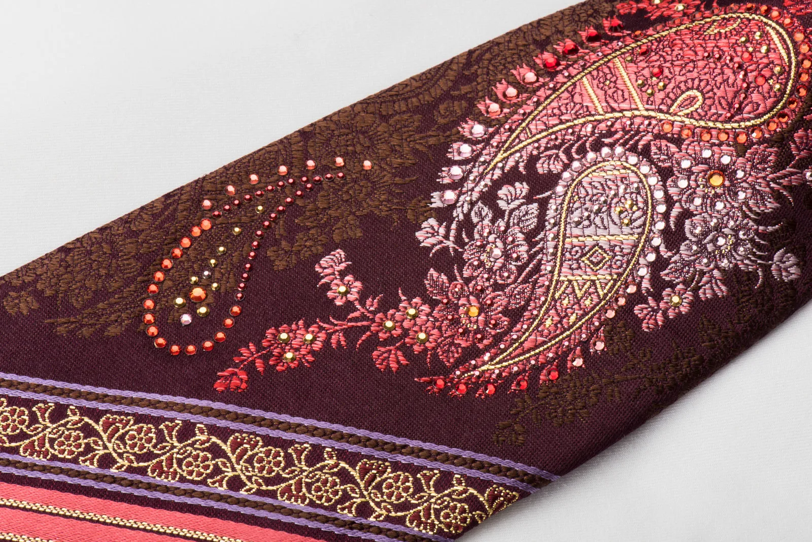 Mila Schon Rhinestone Silk Necktie Boteh Paisley On Burgundy With Gold Sparkles