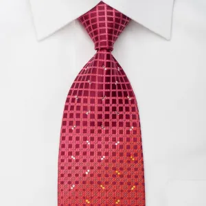 Mila Schon Rhinestone Silk Necktie Geometric Squares On Red With Gold Sparkles