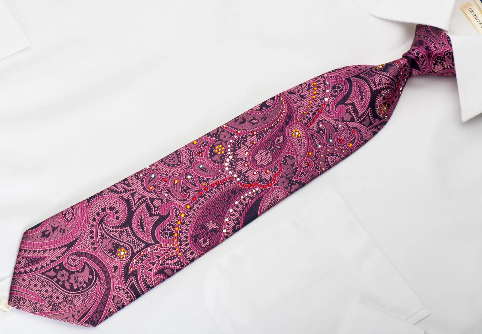 Mila Schon Rhinestone Silk Tie Purple Paisley With Purple Sparkles