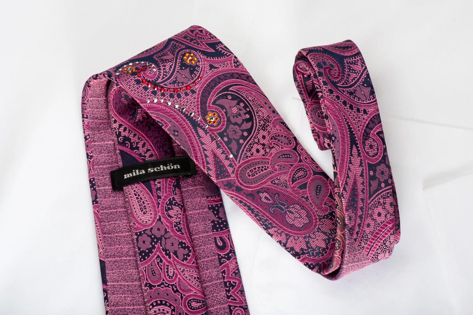 Mila Schon Rhinestone Silk Tie Purple Paisley With Purple Sparkles